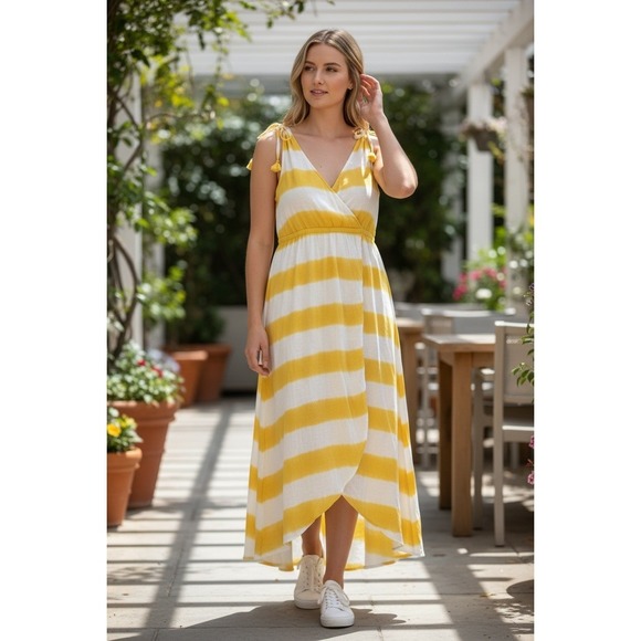 Tommy Bahama Dresses & Skirts - Tommy Bahama Maxi Dress Womens XL‎ Yellow Striped High Low Tassel Wrap